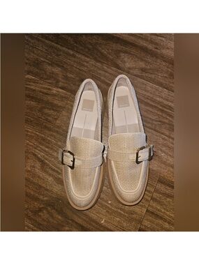 Dolce Vita Beige Woven Loafers with Gold Buckle